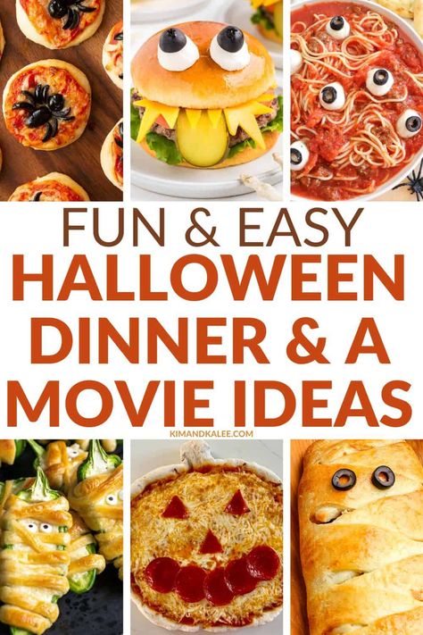 Halloween Dinners Easy, Kid Friendly Halloween Dinner Ideas, Halloween Movie Night Meals, Halloween Night Dinner, Halloween Movie And Dinner Ideas Kids, Fun Halloween Dinner Ideas, Halloween Dinner Kids, Halloween Movie And Dinner Theme, Halloween Themed Dinner And Movie