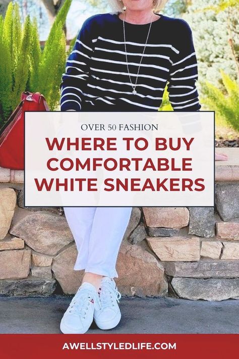 Looking to find the most comfortable white sneakers? This guide to shopping for women's sneakers for women over 50 shares where to shop for good sneakers and how to find the right casual shoes for you. Follow A Well Styled Life for more advanced style tips and over 50 fashion tips. Good Sneakers, White Tennis Shoes Outfit, A Well Styled Life, Over 50 Fashion, Tennis Shoes Outfit, White Tennis Shoes, Over 60 Fashion, Sneakers Looks, Advanced Style