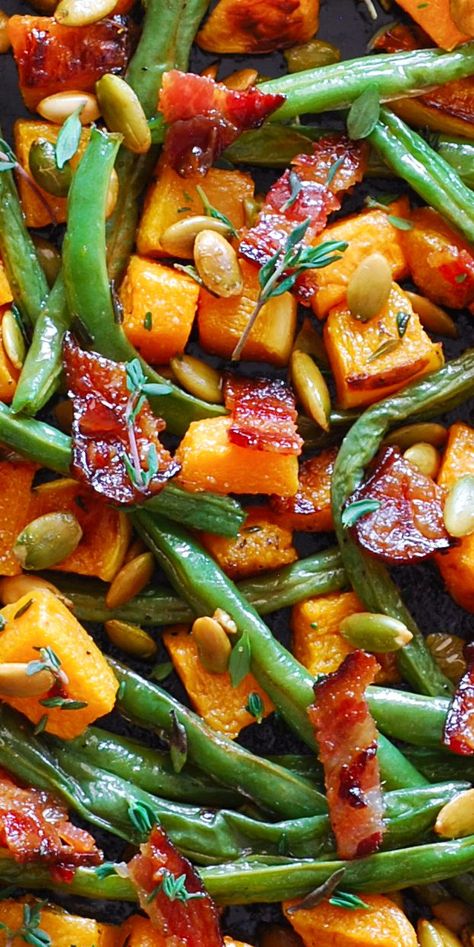 Roasted Vegetables (Green Beans and Butternut Squash) with Bacon and Pumpkin Seeds. Butternut Squash With Bacon, Thanksgiving Vegetables, Thanksgiving Side Dishes Easy, Thanksgiving Food Sides, Pumpkin Seed Recipes, Holiday Side Dish, Roasted Vegetable Recipes, Roasted Green Beans, Holiday Side