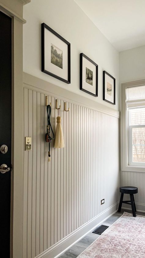 Customizing our home one room at a time. My biggest tip for creating a custom look in a builder grade home is wall treatments. Installing… | Instagram Beadboard Dining Room, Installing Beadboard, Brass Switch Plates, Painted Beadboard, Beadboard Wall, Diy Beadboard, Brass Switch, Beadboard Bathroom, Bead Board Walls