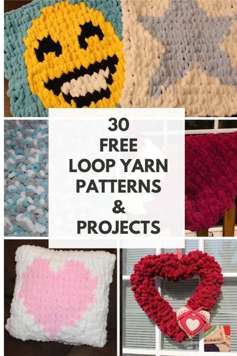 Loop yarn is a popular new way to knit without knitting needles. We have a roundup of 30 free patterns for loop yarn and some are our own tutorials. Things To Make With Loop Yarn, Loop Yarn Hat, Loop Yarn Ideas, Loop Yarn Patterns Free, Loopy Yarn Patterns, Finger Loop Yarn Projects, Loopy Yarn Projects, Loop Yarn Pillow, Loopy Yarn Projects Easy