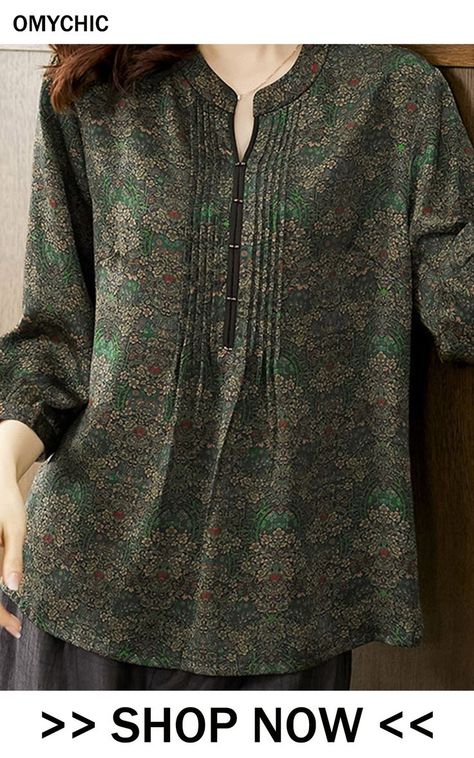 Fine Green O-Neck Print Silk Shirt Long Sleeve Ladies Tops Design, New Model Designer Dress, Dress Top Designs, Long Tops Designs, Printed Tops For Women, Long Tops For Women, Short Top Designs, Ladies Shirt Design, Shirt For Women Stylish