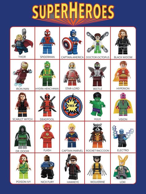 Bingo is a great game to play at your childs party, on family game night or even on a rainy day. It keeps the kids sitting down and occupied while having fun with friends and family! Here you can instantly download, print and play Super Heroes Bingo! The 20 bingo cards are all configured Superhero Bingo, Having Fun With Friends, Marvel Birthday, Superman Party, Marvel Birthday Party, Bingo For Kids, Marvel Games, Super Hero Theme, Game To Play