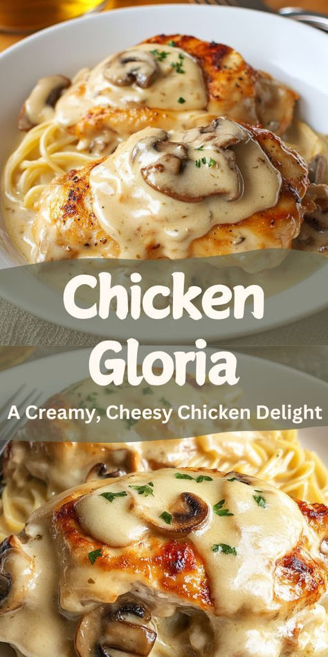 Chicken Gloria Casserole Betty Crocker, Gloria Chicken, Chicken Gloria Recipe, Pasta Easy Dinner, Chicken Gloria, Creamy Cheesy Chicken, Chicken Delight, Pan Seared Chicken Breast, Pasta Easy