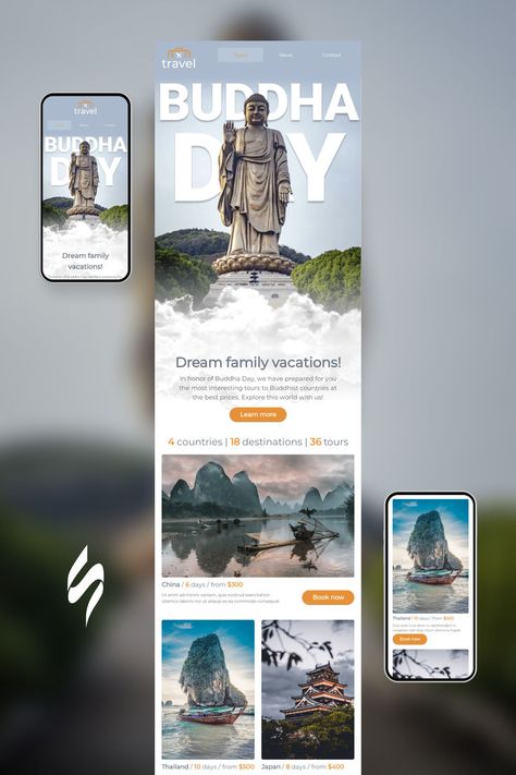 Buddha day Email Template «Dream family vacations» for Travel industry. Create eye-catching templates that leave a lasting impact.🌠🌟 Follow us on Pinterest for design and marketing hacks! 📈💌 #buddhaday #stripoemail #emaildesigninspiration #emailnewsletter #emailtemplate #emaildesign #emailmarketing #emailcampaigndesign Travel Email Design, Newsletter Design Layout, Newsletter Design Inspiration, Mailing Design, Email Flyer, Marketing Hacks, Holiday Booking, Email Marketing Design Inspiration, Holiday Emails