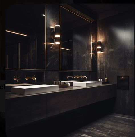 Black Luxury Bathroom, Luxury Black Bathroom, Dark Modern Bathroom, Condo Bathroom, Bathroom Design Styles, Bathroom Big, Wc Design, Bathroom Design Black, House Main Gates Design