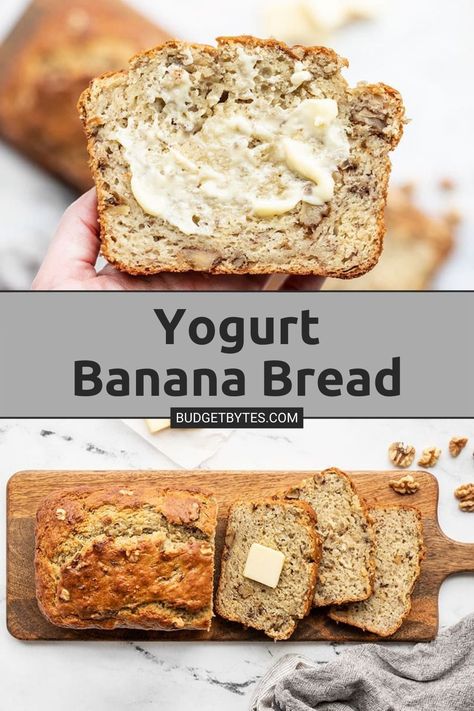 This super moist banana bread recipe uses plain yogurt to keep the bread soft and tender with less butter or oil. Add walnuts or even chocolate! Pop over to our site for the recipe! | bread recipes | breakfast and brunch | easy snacks | Vanilla Greek Yogurt Banana Bread, Banana Bread Recipe With Yogurt Healthy, Cooking Light Banana Bread Recipe, Banana Bread Olive Oil, Yogurt Banana Bread Recipe, Banana Bread Made With Yogurt, Banana Bread Recipe Moist Healthy, Yogurt And Banana Recipes, Banana Bread Yogurt Recipe