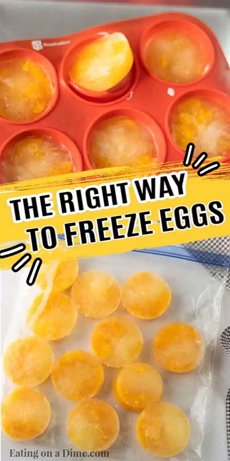 Learn how to freeze eggs the right way without ruining them. Freezing eggs is a great food storage idea. This is the best way to freeze eggs! #eatingonadime #freezingeggs #freezertips Freezing Fresh Produce, Freezing Eggs In Ice Cube Trays, Freeze Eggs In Ice Cube Trays, Freezing Raw Eggs, How To Freeze Eggs The Right Way, Freezing Scrambled Eggs, Egg Storage Diy, Freeze Dried Eggs, Egg Storage Ideas Refrigerators