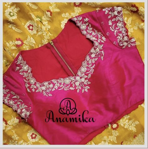 Red Blouse With Golden Work, Boat Neck Blouse Designs For Pattu Saree, Boat Neck Maggam Work Blouses, Simple Blouse Work Designs Pattu, Hand Embroidery Blouse Designs Simple, Pattu Blouse Design Models Latest, Latest Blouse Ideas, Boatneck Blouse Designs Latest, Magam Work Blouses Latest