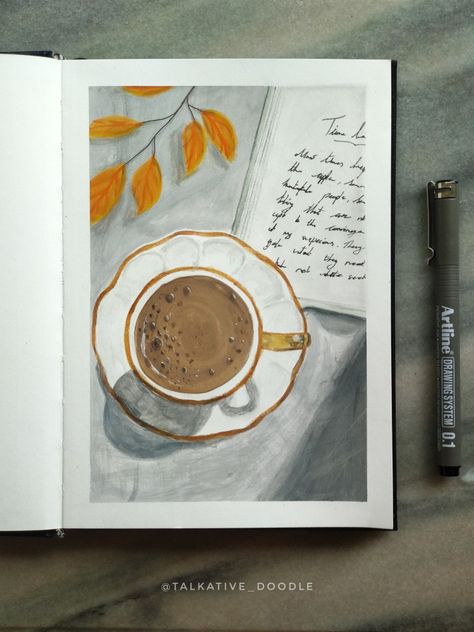 Coffee And Painting Aesthetic, Cup Of Coffee Painting Acrylic, Coffee Gouache Painting, Coffee Cup Painting Canvas, Aesthetic Coffee Painting, Paintings Of Coffee Cups, Coffee Aesthetic Painting, Coffee Inspired Art, Painting Art Projects Watercolor