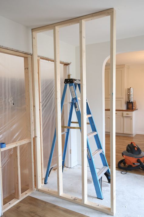 Learn how to frame a wall and how to build a wall in an existing home that is already constructed! This how to build an interior wall tutorial shares the steps and lessons learned with framing a non-load-bearing wall. Separate Rooms Without Walls, Add A Room, Faux Walls, Framing Construction, Basement Remodel Diy, Room Divider Walls, Load Bearing Wall, Entry Wall, Build A Wall