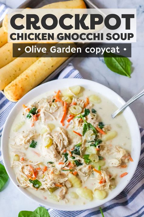 This creamy Slow Cooker Chicken Gnocchi Soup is an Olive Garden copycat recipe. Filled with shredded chicken, potato gnocchi, and spinach, this soup is super simple to throw together in the crockpot! | www.persnicketyplates.com Crock Pot Chicken Gnocchi Soup Olive Garden, Slow Cooker Chicken And Gnocchi Soup, Tuscan Chicken Gnocchi Soup, Crockpot Chicken Nochi Soup, Chicken Gonnoci Soup Recipe, Chicken Gnocchi Crockpot Soup, Crockpot Olive Garden Chicken Gnocchi, Chicken Gnocchi Recipes Crock Pot, Crockpot Gnocchi Chicken Pot Pie