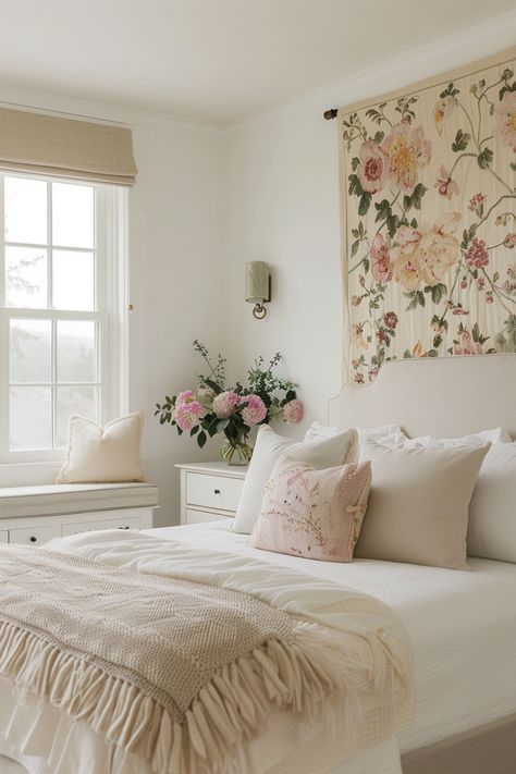 Spiritual Decor Ideas Home Bedroom, Paige Lorenze Bedroom Aesthetic, Garden Party Bedroom, Girly Cottagecore Bedroom, Toile Room Ideas, French Country Decorating Ideas Farmhouse Style Master Bedrooms, Girly Farmhouse Bedroom, Floral Vintage Bedroom, Girly Cottage Core Bedroom