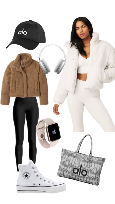 #aloyoga #pufferjacket #puffer #sherpa #athleisure #alo #outfitinspo #yoga #ootd Alo Sherpa Jacket Outfit, Alo Outfit Ideas, Sherpa Coat Outfit, Yoga Ootd, Alo Outfit, Alo Yoga Outfit, Sherpa Jacket Outfit, Eurotrip Outfits, Class Fits