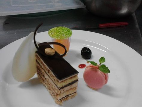 Opera cake platting dessert Opera Cake Plating Ideas, Opera Cake Plating, Cake Plating, Food Plates, Opera Cake, Plating Ideas, Food Gallery, Sweet Food, Food Tasting