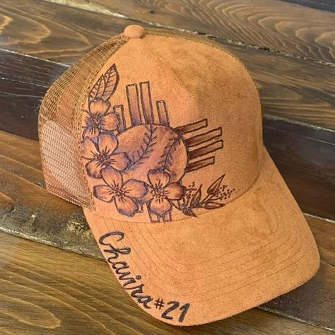 Sharing some of our favorite softball mom ball caps in honor of National Girls and Women in Sports Day #nationalgirlsandwomeninsportsday #softballseason #softballmoms Burned Hat Design Simple, Wood Burn Hat Design, Woodburn Felt Hat, Burned Ball Cap, Floral Burned Hat, Burnt Hats, Hat Painting, Burned Hats, Women In Sports