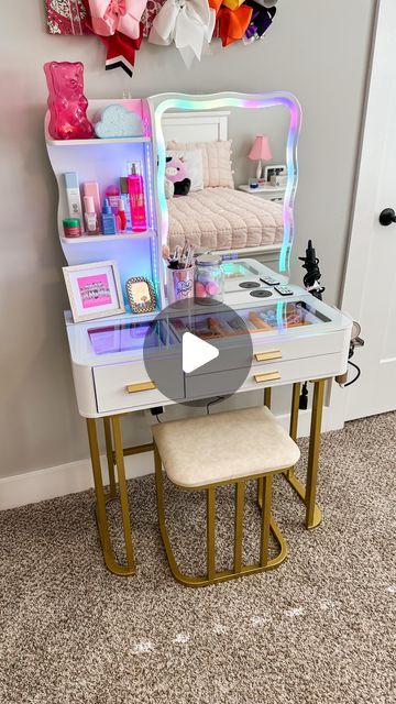 Amy Draper Darley on Instagram: "💄✨🪞How cute is this vanity from Amazon??? My daughter wanted a vanity for her birthday and this one couldn’t be more perfect!  It was so easy to put together, has the prettiest lights, and was perfect for organizing all the makeup and skincare! 

🛒Comment SHOP below to receive a DM with the link to shop this post on my LTK ⬇ https://liketk.it/4NXDq

#vanity #organized #makeuporganization #homeorganization #girlsroom  #ltkvideo #ltkhome" Girls Desk And Vanity Combo, Girls Vanity Ideas Kids Bedroom, Hello Kitty Vanity Setup, Vanity For Girls Room, Kids Vanity Ideas, Girl Vanity Ideas, Baddie Vanity, Cheap Vanity Ideas, Girls Vanity Ideas