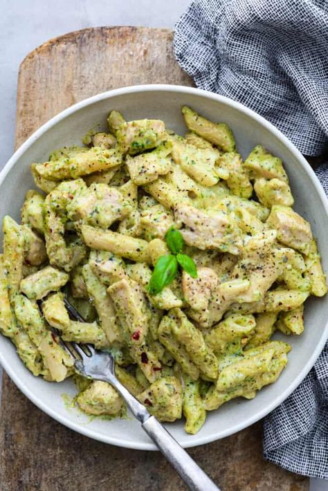 Sausage Pasta Dinner, Pesto Pasta Recipes Chicken, Chicken Pesto Pasta, Basil Pesto Pasta, Creamy Pesto Chicken Pasta, Pesto Pasta Recipe, Roasted Root Veggies, Baked Pesto Chicken, Chicken Pesto Recipes