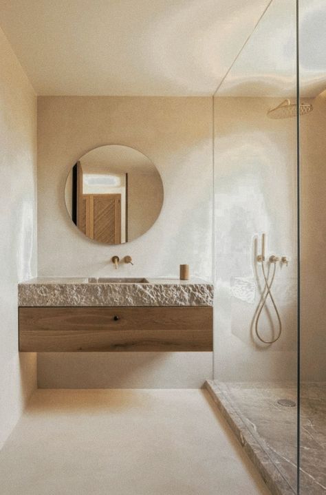 Mallorca Bedroom Interior Design, Cali Flooring Dawn Patrol, Limestone Wash Bathroom, Mediterranean Spa Bathroom, Bedroom Decor Wooden Bed, Microcement Bathroom Ideas, Modern Organic Natural Home, Microcement Living Room, Japandi Style Bathroom