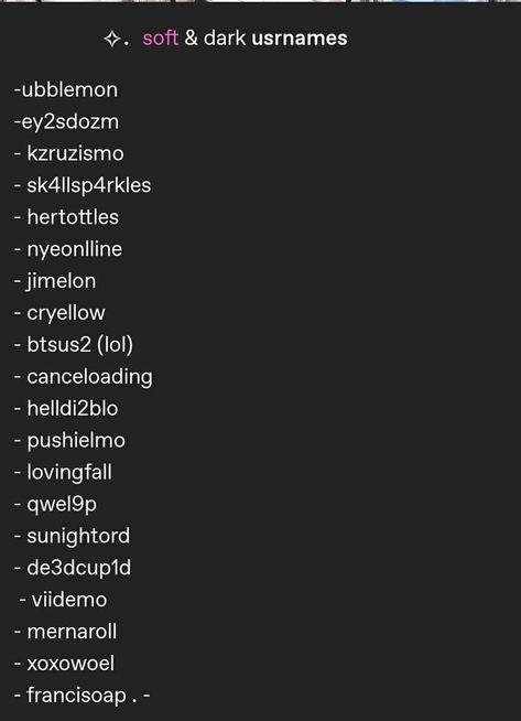 Editing Account Usernames Ideas, Creepy Username Ideas, Cool Usernames For Instagram Aesthetic, Name For Snapchat Username, Twitter Usernames Ideas Aesthetic, Snapchat User Names Ideas, Fake Names For Instagram, Toxic Username Ideas, Among Us Username Ideas