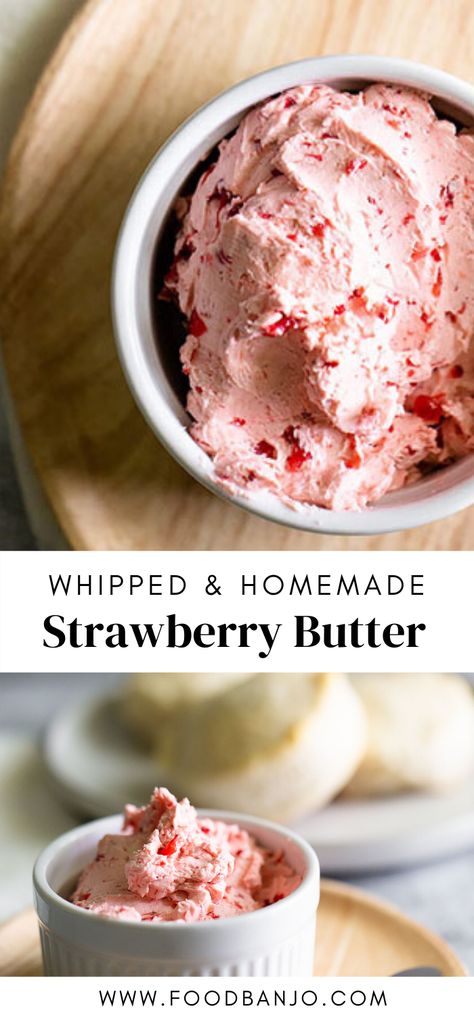 Fancy up your brunch with this homemade whipped strawberry butter. It's creamy and fluffy and delicious on croissants, biscuits, or even just toast! Strawberry Butter 12 Tomatoes, Homemade Strawberry Butter, Strawberry Compound Butter, Gourmet Butter Recipes, Homemade Strawberry Bread, Sweet Whipped Butter, Strawberry Brunch Recipes, Whipped Butter Flavors, Whipped Flavored Butter