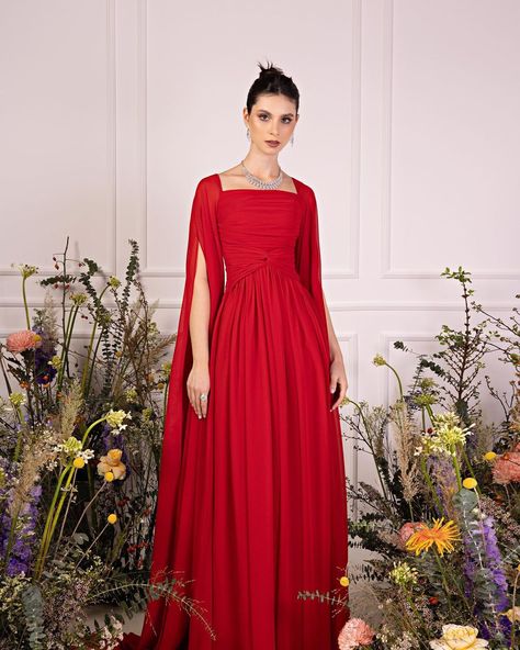 Dresses With Cape Sleeves, Indian Long Dress, Modest Gowns, Indian Outfits Modern, Modest Evening Gowns, Simple Wedding Dress With Sleeves, Victorian Era Dresses, Elegant Red Dress, Unique Party Dresses