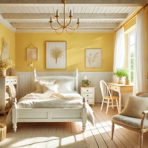 Creamy Yellow Farmhouse Bedroom Color Idea Farmhouse Bedroom Wall Color, Yellow Farmhouse Bedroom, Yellow Painted Rooms, Bedroom Wall Color Ideas, Best Warm White Paint Colors, Light Yellow Bedrooms, Yellow Bedroom Paint, Warm White Paint Colors, Farmhouse Bedroom Wall