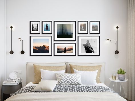 Photos Above Bed, Decorate Above Bed, Frames Above Bed, Pictures Above Bed, Above Bed Ideas, Photo Walls Bedroom, Wall Decor Above Bed, Picture Wall Bedroom, Decor Above Bed