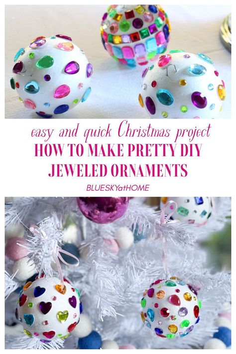 Learn How to Make Pretty Jeweled Christmas Ornaments. This easy DIY project uses adhesive jewels and styrofoam balls to create lovely ornaments. Rhinestone Christmas Ornaments Diy, Diy Xmas Baubles, Diy Beaded Ornaments How To Make, Diy Tree Ornaments Christmas, Sequin Ornaments Diy Styrofoam Ball, Diy Kids Ornaments Christmas, Styrofoam Ball Crafts Christmas, Glass Ornaments Diy Christmas, Diy Kid Ornaments Christmas