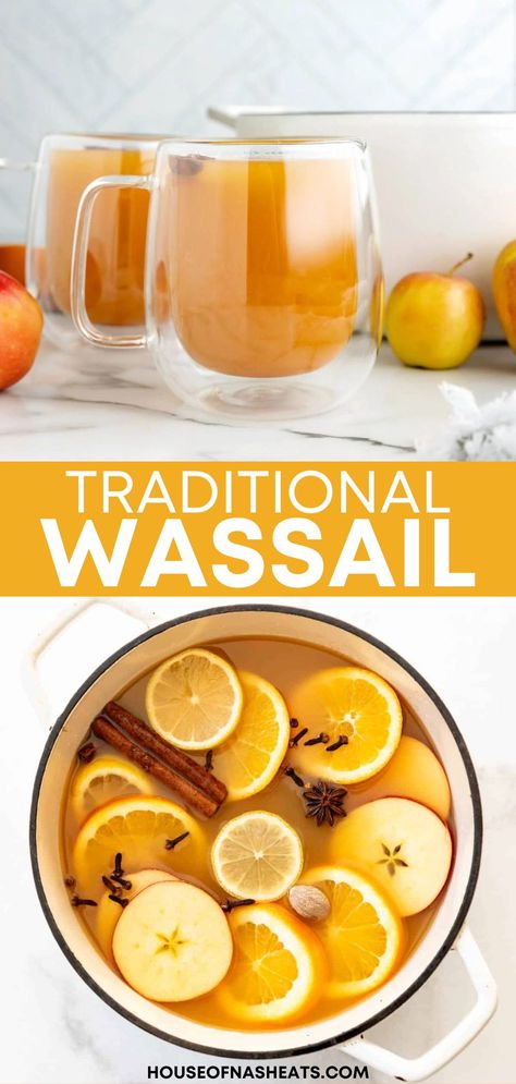 This traditional Wassail recipe is quick to prepare and incredibly versatile, promising good cheer and good health with every warming sip! The fragrance of this hot mulled cider drink is enough to fill a home with holiday spirit, making it a delightful addition to any Christmas Eve or New Year’s Eve gathering. This hot drink is sure to bring warmth and joy to your home throughout the winter season. | christmas wassail recipe holiday drinks Spiced Wassail Recipe, Hot Lemon Drink, Holiday Wassail Recipe, Apple Cider Wassail Recipe, Hot Wassail Recipe Crock Pot, Homemade Wassail Recipe, Wassil Recipe Drink, Homemade Drink Recipes, Wassle Drink