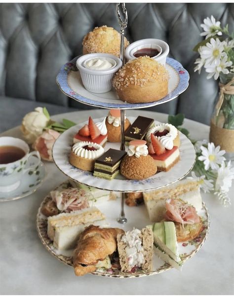 High Tea Tier Stand, Afternoon Tea Party Food, Creamy Shrimp Salad, High Tea At Home, High Tea Menu, High Tea Wedding, Bridgerton Party, High Tea Food, Kids Tea Party