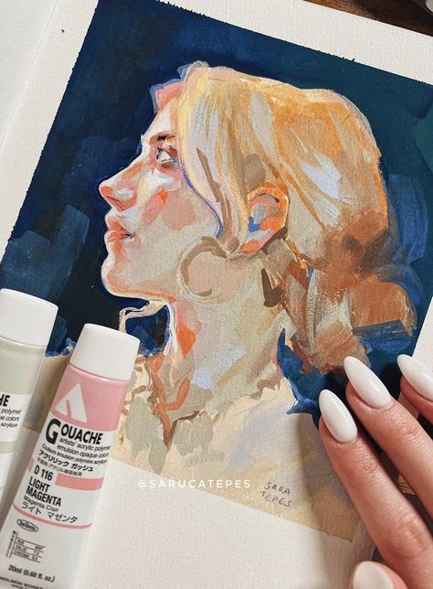 Acrylic Gouache Illustration, Mini Portrait Painting, Gouache Face Painting, Gauche Portrait Painting, Guache Portrait Paintings, Gouache Hair, Gouache Art Portrait, Gouache Character, Gouache Face