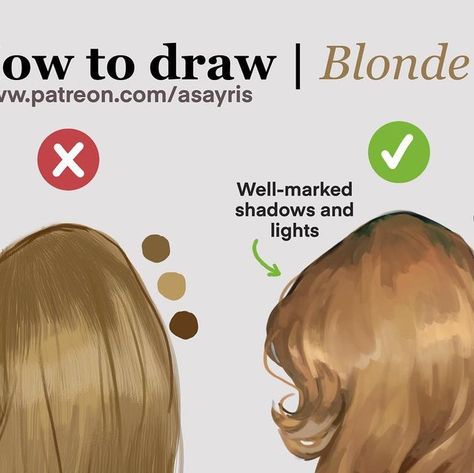 @asayris_tutorials on Instagram: "Avoid drawing blonde hair from this form‼️ On my Patreon you will find a step-by-step written tutorial in which I show you how to draw the hair on the right 👉🏻✅🤩 #arttutorial #sketch #dovsdont #drawing #drawingskills #photoshop #anatomyart #digitalart" Asayris Art, How To Draw Hair Color, How To Make Hair Drawing, Hair Diy Color, Drawing Blonde Hair, Paint Blonde Hair, Hair Coloring Drawing, Blond Hair Drawing, Blonde Hair Drawing Reference