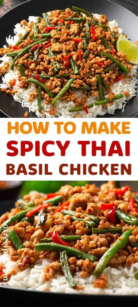 Similarly to Thai basil stir fry, a wok or a really hot frying pan is needed to achieve this succulent spicy thai basil chicken, which only takes you 10 minutes. Thai Basil Stir Fry, Spicy Thai Basil Chicken, Thai Basil Chicken Recipe, Thai Basil Recipes, Basil Chicken Recipe, Pad Kra Pao, Thai Basil Chicken, Thai Rice, Savory Foods