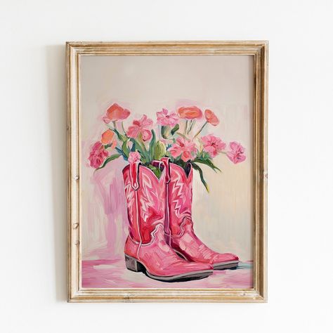 Pink Cowgirl Boots Painting Print Vintage Style Hot Pink - Etsy Canada Cowgirl Room, Western Nursery, Dorm Room Wall Art, Pink Cowboy Boots, Pink Cowgirl Boots, Preppy Decor, Dorm Room Walls, Pink Cowgirl, Hur Man Målar