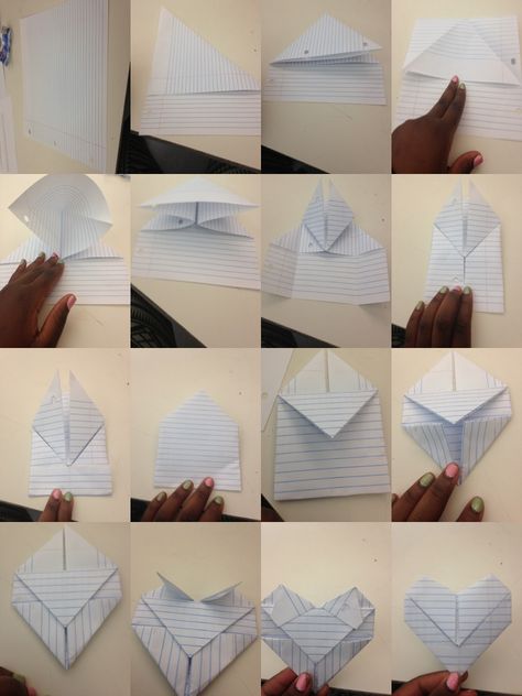 Just made this-it was easy :) cute way to fold a love note! Folding Paper Into A Heart, Fold A Heart Out Of Paper, Folding Notes Diy, Fold Heart Paper, Fun Ways To Fold Paper, How To Fold A Envelope Paper, How To Fold Heart Paper, Cool Ways To Fold Notes, How To Fold A Heart Envelope