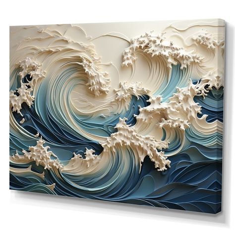 3d Wave Art, Textured Wave Painting, Textured Wave Art, Waves Texture, 3d Art Painting, Wave Canvas, Waves Wall Art, Sculpture Art Projects, Class Art Projects