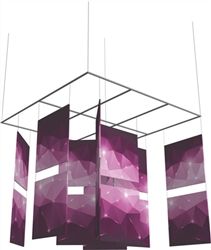 Hanging Exhibition Display, Hanging Banners From Ceiling, Exhibition Booth Hanging Design, Suspended Art, Exhibition Display Design, Banner Design Inspiration, Ceiling Art, Suspended Ceiling, Print Display