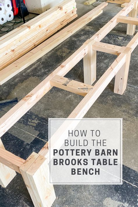 DIY this $900 Pottery Barn Brooks Dining Table Bench for less than $100! Follow these easy plans and build your own outdoor (or indoor) farmhouse table bench. Diy Dining Bench Easy, Build A Dining Bench, Table Benches Dining Diy, Build Dining Bench, Dining Bench Plans, Outdoor Diy Bench Seating, Diy Dinner Bench, Outdoor Table Bench Seating, How To Make A Bench For Dining Table