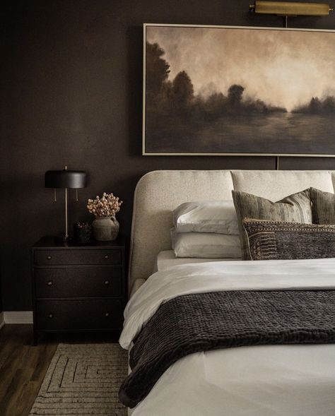 25 Indulgently Rich Brown Bedroom Ideas For An On-Trend Look 3 Sw Peppercorn Paint Master Bedrooms, Dramatic Guest Bedroom, Dark Classy Bedroom, Dark Bedroom Modern, Dark Headboard Bedroom Decor, Deep Green Living Room, Cozy Master Bedrooms Decor Romantic, Moody Modern Bedroom, Moody Guest Bedroom