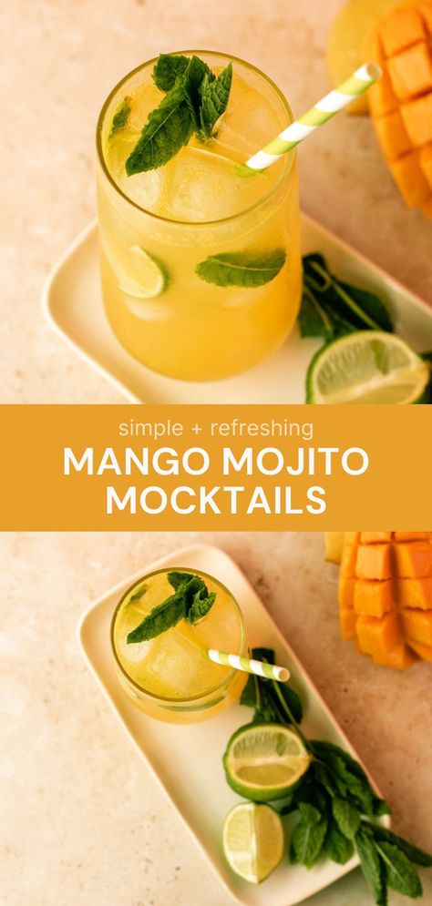 This simple and refreshing mango mojito mocktail is your new go-to Summer drink! Bursting with flavour from mango, mint and lime. Lime Mojito Mocktail, Mocktail Summer Drinks, Mocktail Recipes Healthy, Mango Mint Mojito, Easy Virgin Drinks, Mocktail Recipe Summer, Fruity Mocktail Recipes, Mango Mojito Mocktail, Mojito Mocktail Non Alcoholic