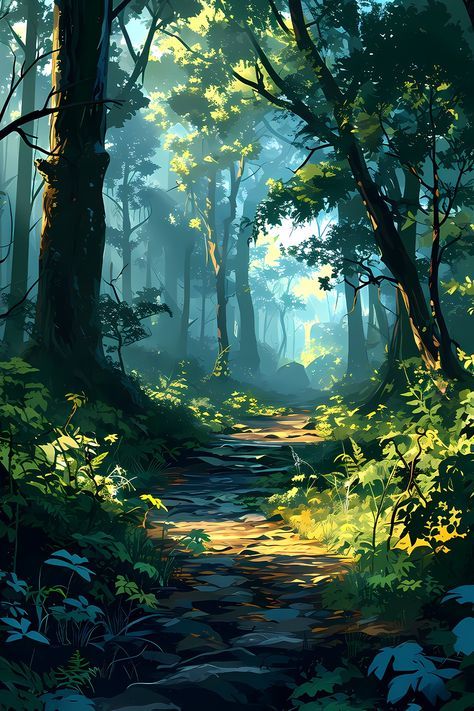 Japanese Nature Illustration, Simple Forest Background Drawing, Simple Forest Background, Forest Murals, Fantasy Forest Art, Forest Reference, Fantasy Forest Landscape, Pictures Of Trees, Anime Forest