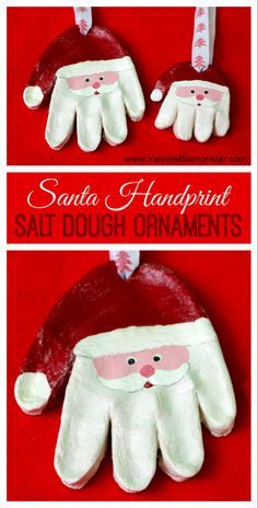 Salt Dough Handprint Ornaments, Handprint Santa, Salt Dough Handprint, Santa Handprint, Santa Claus Crafts, Salt Dough Christmas Ornaments, Christmas Handprint Crafts, Handprint Ornaments, Christmas Crafts For Toddlers