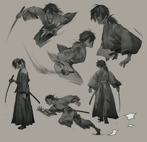 Rurouni Kenshin, Aric Athesis on ArtStation at https://www.artstation.com/artwork/Rzzyy Samurai Drawing, Arte Doodle, Rurouni Kenshin, Samurai Art, 인물 드로잉, Character Sketches, Foto Poses, Arte Sketchbook, Character Poses