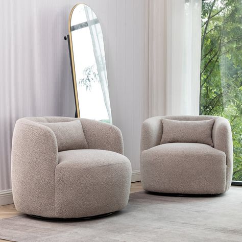 Orren Ellis Armetta 34" Wide Boucle Upholstered Swivel Armchair & Reviews | Wayfair Single Sofa Chair, Swivel Barrel Chair, Swivel Accent Chair, Swivel Armchair, Upholstered Arm Chair, Single Sofa, Barrel Chair, Living Room Seating, Living Room Chairs