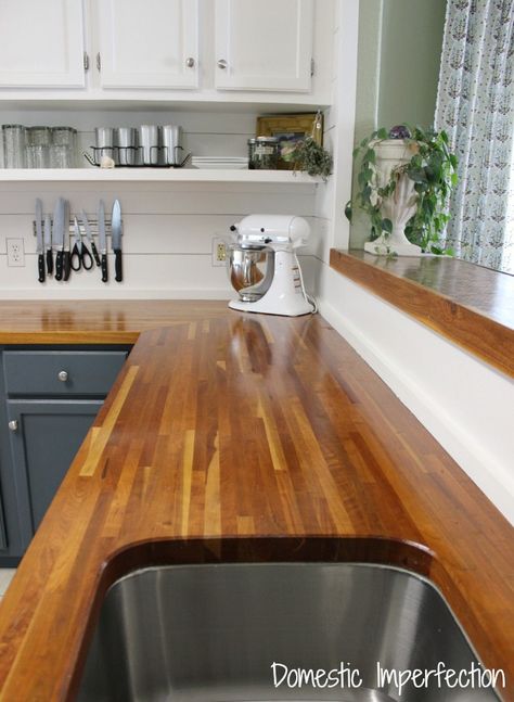 My Butcher Block Countertops, Two Years Later - Domestic Imperfection Kitchen Sink Window, Block Countertops, Cabinets Makeover, Kitchen Window Sill, Butcher Blocks, Kitchen Counter Top, Wooden Counter, Diy Countertops, Cottage Ideas