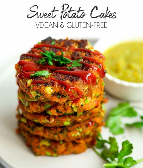 Vegan Sweet Potato Cakes Sweet Potato Dinner Recipes, Potato Dinner Recipes, Nadia Sawalha, Vegan Sweet Potato Recipes, Sweet Potato Cakes, Veggie Cakes, Sweet Potato Dinner, Sweet Potato Patties, Sweet Potato Fritters