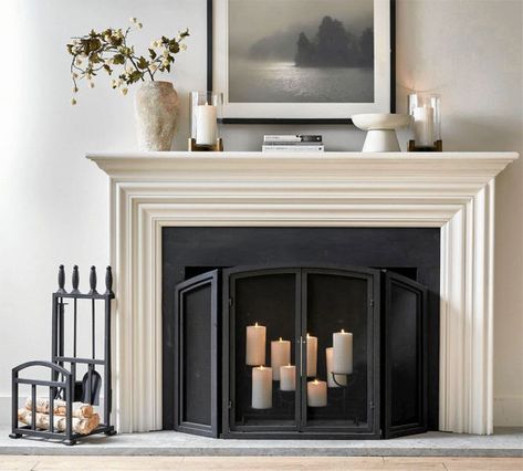 Mirror Above Fireplace Mantle Modern, Apartment Fireplace Decor, Fireplace Candleholder, Pottery Barn Fireplace, Makeshift Fireplace, Decor Next To Fireplace, Mantel Without Fireplace, Fireplace Staging, Fireplace Aesthetic