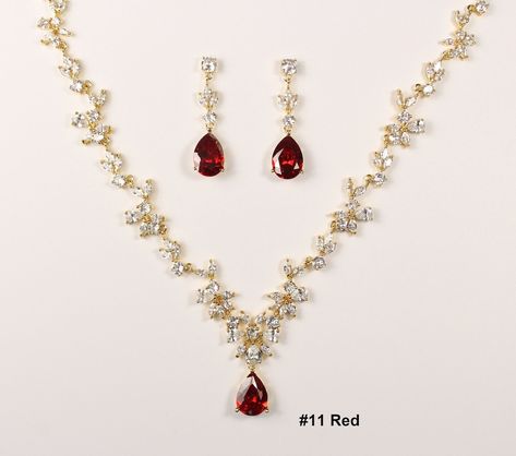 Red Bridal Jewelry Set Burgundy Bridal Earrings CZ Necklace - Etsy Gold Necklace With Red Stone, Fancy Necklace Gold, Red Wedding Jewelry, Dark Red Wedding, Red Jewelry Set, Prom Jewelry Sets, Quinceanera Jewelry, Gold Jewelry Prom, Prom Necklaces