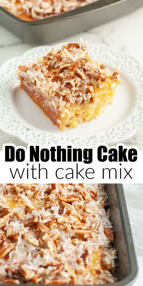 This Do Nothing Cake recipe is made simple with the help of a yellow cake mix. Moist, delicious cake is topped with a sweet topping that includes shredded coconut and chopped pecans. A classic cake that is sure to be a hit. Easy Cake Recipes Using Cake Mix Boxes, Yellow Cake Dessert Ideas, Vanilla Cake Mix Desserts, Do Nothing Cake Recipe Simple, Box Cake With Pudding Mix Recipes, Recipes With Yellow Cake Mix Boxes, Desserts Made With Cake Mix Boxes, Easy Box Cake Recipes, White Cake Mix Desserts